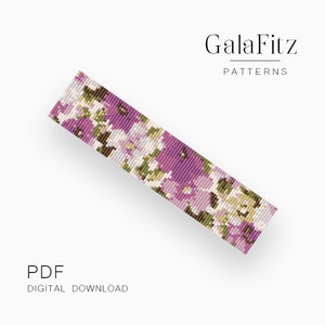 Può includere: Un modello di braccialetto perline in formato PDF da scaricare digitalmente con un design floreale in tonalità rosa, bianco, verde e marrone. Il modello è intitolato "GalaFitz Patterns".