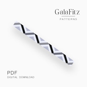 May include: A beaded bracelet with a zigzag pattern in black, grey, and white. The bracelet is a digital PDF download. The GalaFitz logo and the word PATTERNS are at the top of the image.