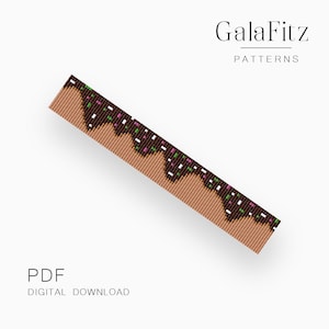 Puede incluir: Una descarga digital en PDF que presenta un patrón de cuentas que se asemeja a un pastel glaseado con chocolate y chispas de colores. El diseño es marrón con glaseado marrón oscuro y chispas verdes, rosas y blancas. También se ve el logotipo de GalaFitz PATTERNS y el texto "PDF DIGITAL DOWNLOAD".
