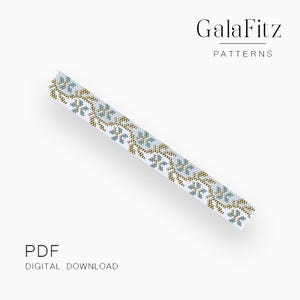 May include: A beaded pattern in white, light blue, and gold. The design features floral motifs. The text "GalaFitz PATTERNS" is at the top, and "PDF DIGITAL DOWNLOAD" is at the bottom.