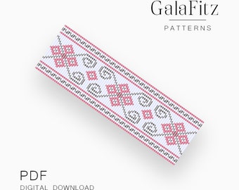 Geometric Loom Bracelet Pattern PDF, Folk Ornament Seed Bead Design in Pink and Gray