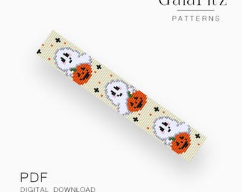Halloween Pumpkin Ghost Loom Bead Pattern PDF, Spooky Autumn Bracelet Pattern, Digital Beading Download