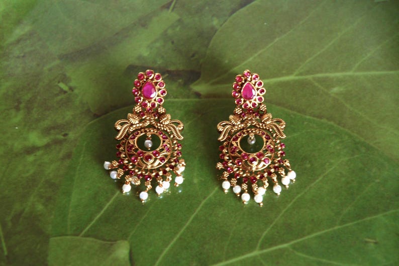 Antique Gold Faux Ruby And Pearl Round Earrings,Red Chakra Earrings,Ruby Bridal Earrings,Long Red Earrings,Gift For Her,Padmavati Earrings