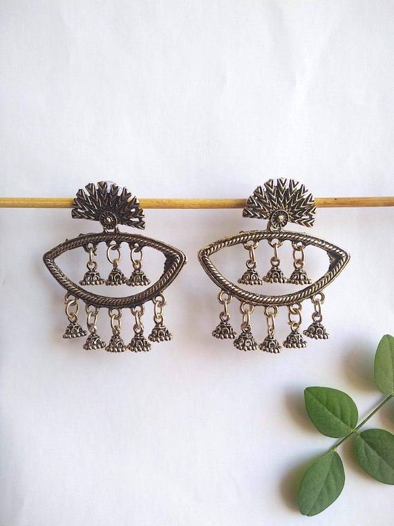 Oval Oxidised Silver Earrings Small Jhumki Chandelier Oval Oxidised Silver Earrings Small, Small Silver Chandelier Earrings