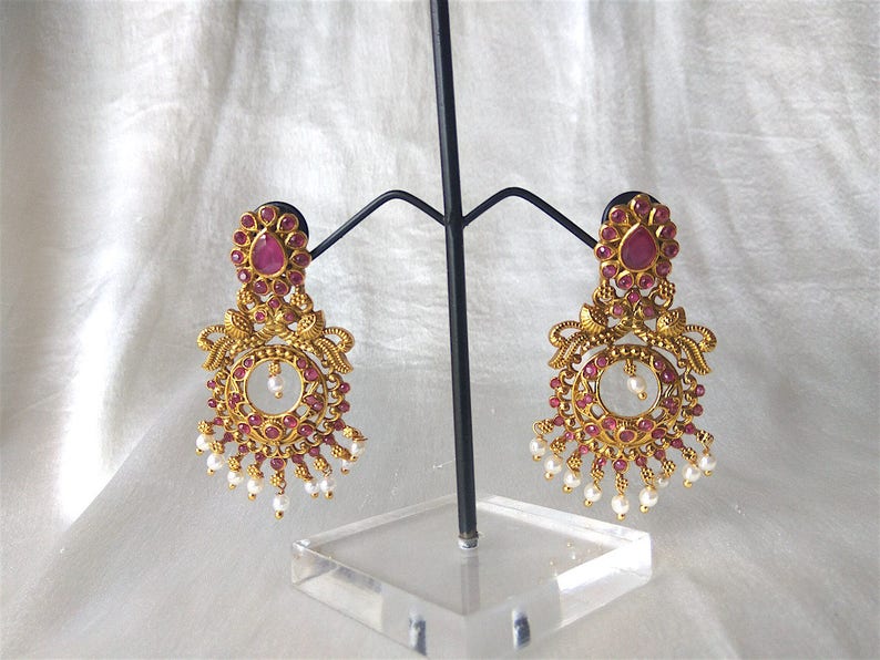 Antique Gold Faux Ruby And Pearl Round Earrings,Red Chakra Earrings,Ruby Bridal Earrings,Long Red Earrings,Gift For Her,Padmavati Earrings
