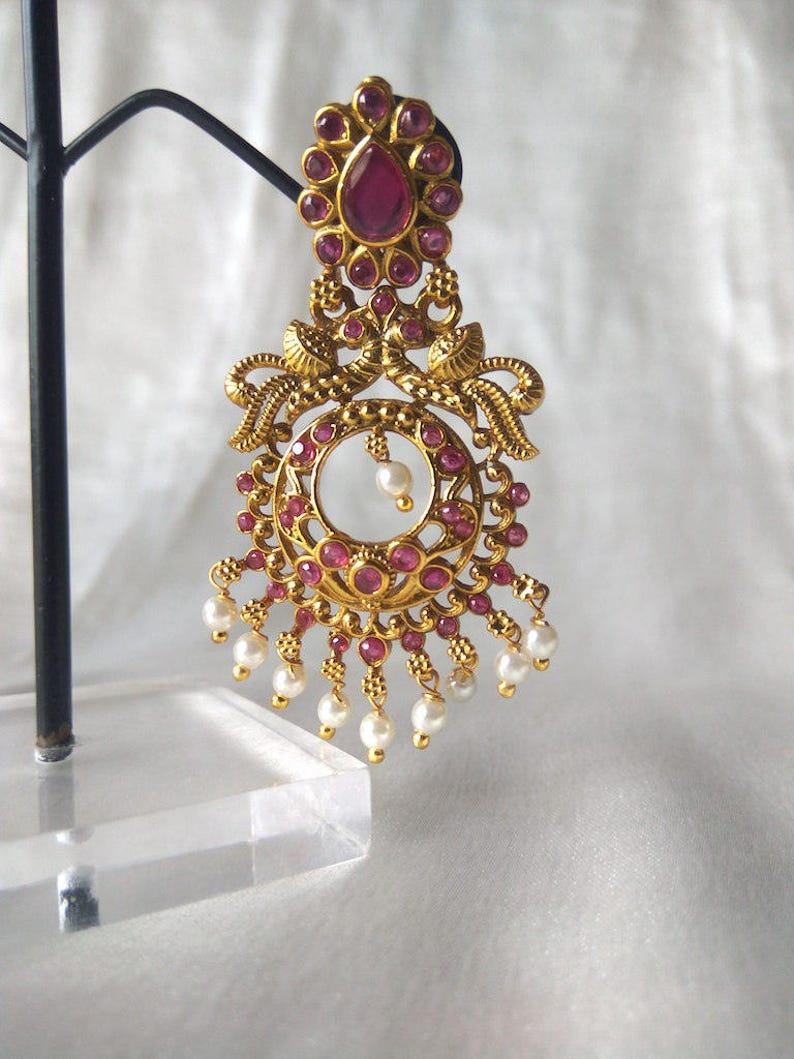 Antique Gold Faux Ruby And Pearl Round Earrings,Red Chakra Earrings,Ruby Bridal Earrings,Long Red Earrings,Gift For Her,Padmavati Earrings