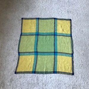 Puede incluir: Una toalla de cocina a cuadros amarillos y verdes con rayas azules y negras.