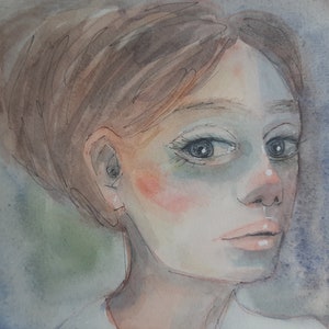 Hand Painted - Watercolour - Portrait on Blue #1 - 5.25x7.5