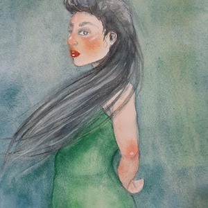 Hand Painted - Watercolour - Portrait in Green - 8x10
