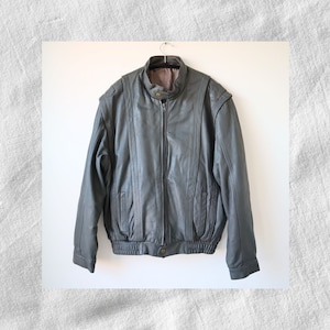 Vintage C & A Genuine Leather Grey Bomber Jacket, Vintage Leather, 90s Jacket, Vintage Streetwear, Moto Racer Collar, Vintage Outerwear