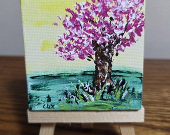Magenta Flowering Tree (Miniature Acrylic Painting with Easel)