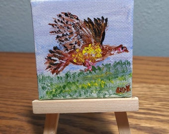 Turkey in Flight (Miniature Acrylic Painting with Easel)