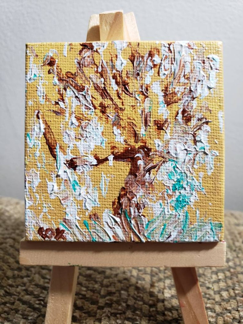 Tree in the Snow Abstract Miniature Acrylic Painting with Easel