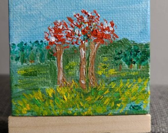 Trio of Trees (Miniature Acrylic Painting with Easel)