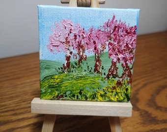 Flowering Trees on the Hillside (Miniature Acrylic Painting with Easel)