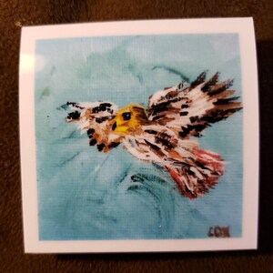 May include: A painting of a brown and white hawk with yellow accents flying against a blue sky.