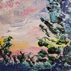 May include: Abstract painting with a blue, green, and pink color scheme. The painting features a landscape with a sunset and trees. The brushstrokes are visible and give the painting a textured look.