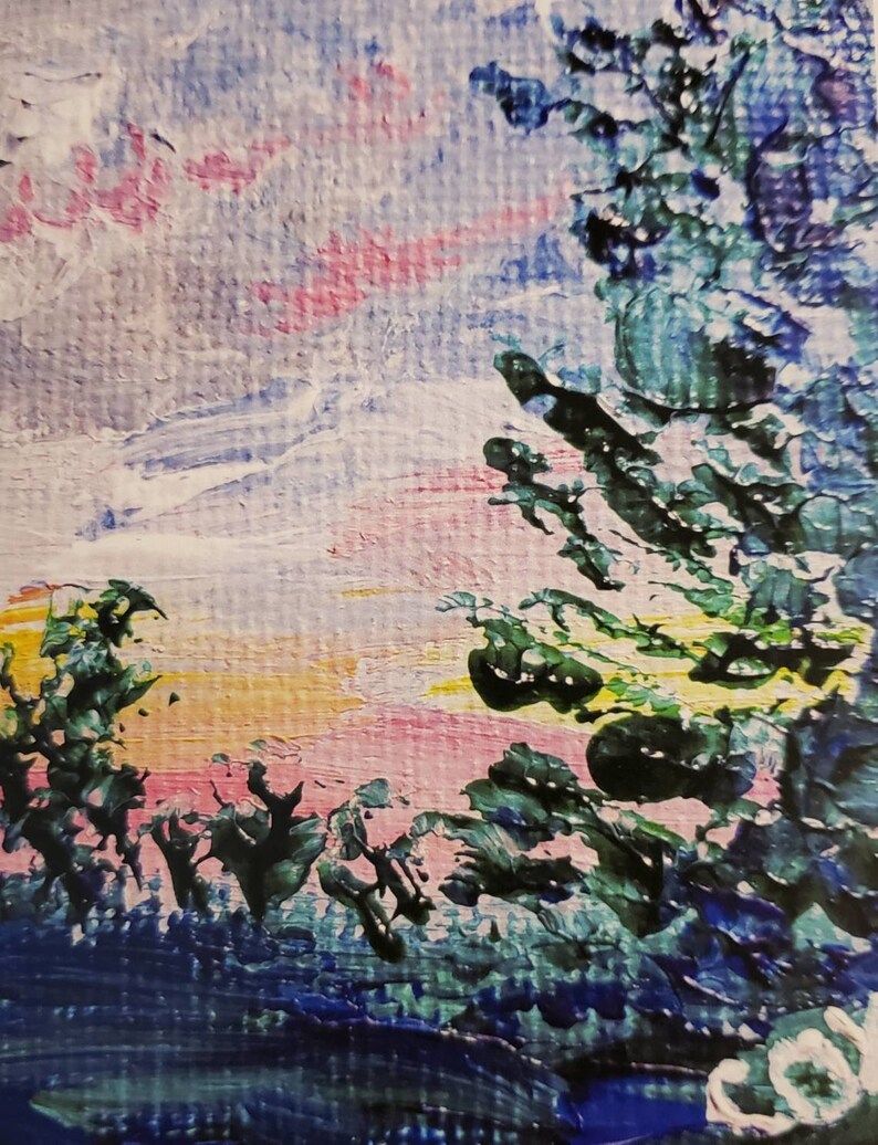 May include: Abstract painting with a blue, green, and pink color scheme. The painting features a landscape with a sunset and trees. The brushstrokes are visible and give the painting a textured look.