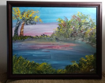 Lake Sunset (Framed Original Oil Painting)