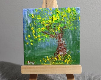 Yellow Tree in the Woods (Miniature Acrylic Painting with Easel)