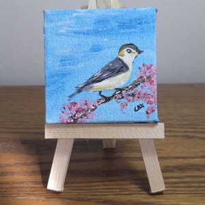 May include: A small square canvas painting on a wooden easel featuring a bird with grey, white, and brown feathers perched on a branch with pink blossoms against a light blue sky. The artist's signature, COX, is visible in the bottom right corner.