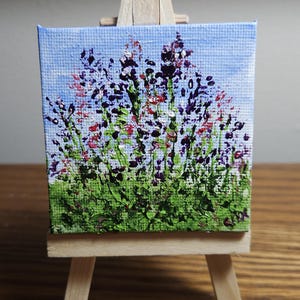 Purple and Pink Wildflowers (Miniature Acrylic Painting with Easel)