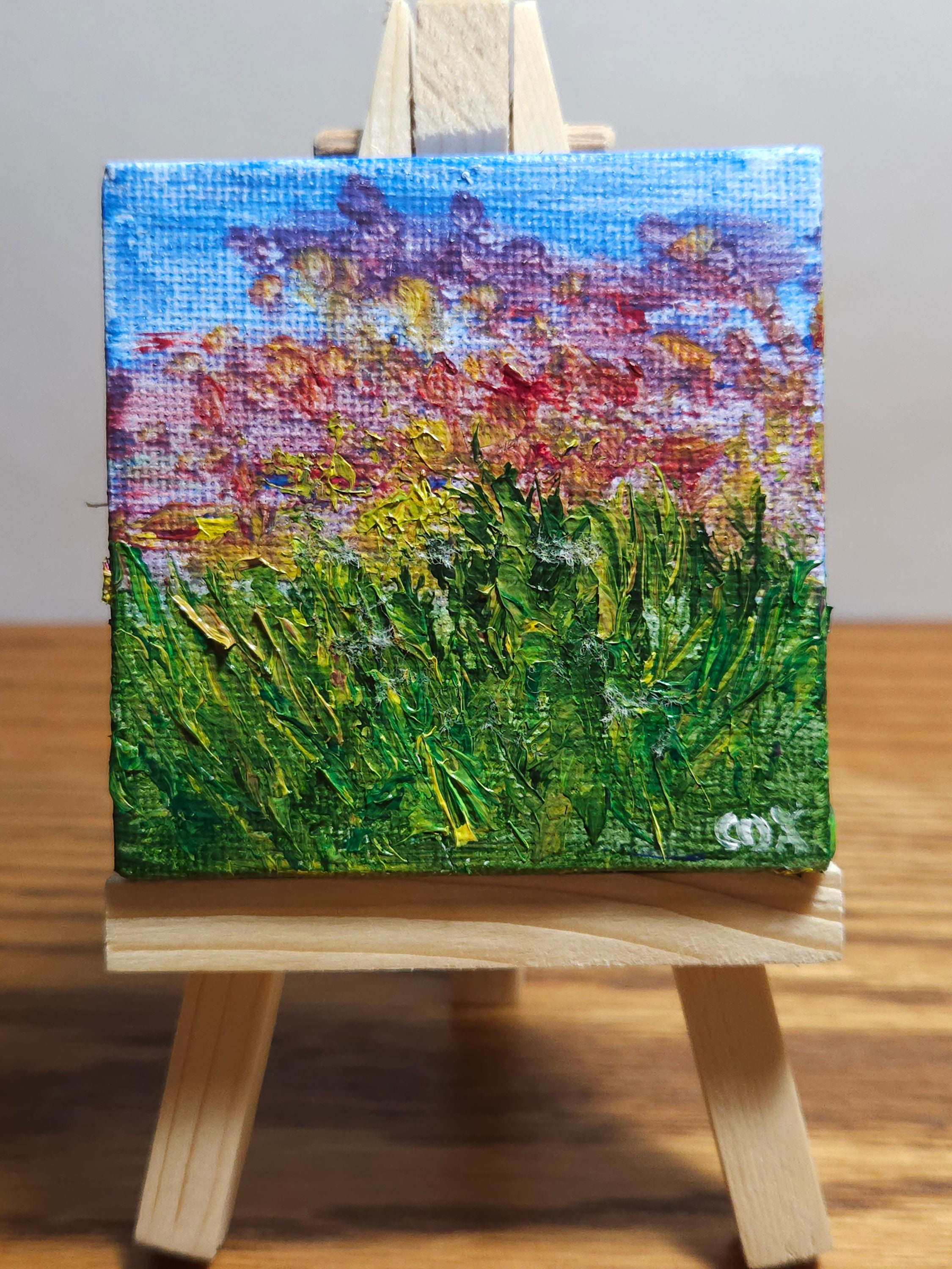 Tiny Painting on Canvas, Original Mini Art, Small Flower Miniature Acrylic  Botanical Artwork With Free Easel 