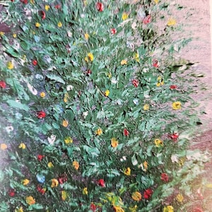 May include: Impasto oil painting of a tree with green foliage and colourful flowers. The artwork features a textured surface with visible brushstrokes. Red, yellow, and white flowers are scattered throughout the tree's branches.