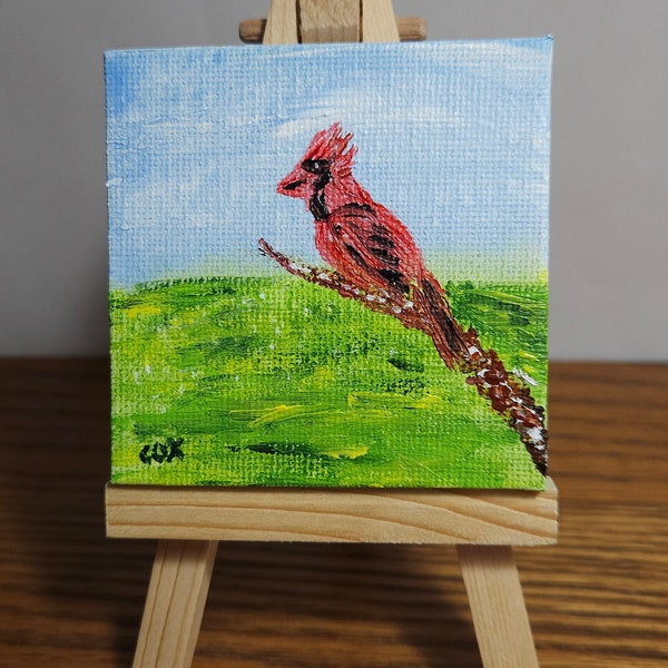 Northern Cardinal in Springtime (Original Acrylic Painting with Easel)