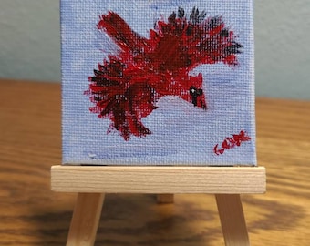 Cardinal in Flight (Miniature Acrylic Painting with Easel)