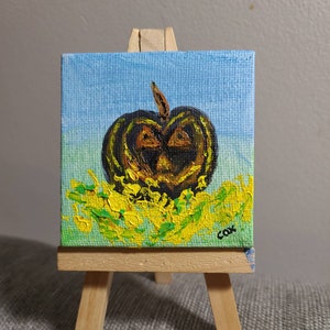 Black Halloween Pumpkin (Miniature Acrylic Painting with Easel)