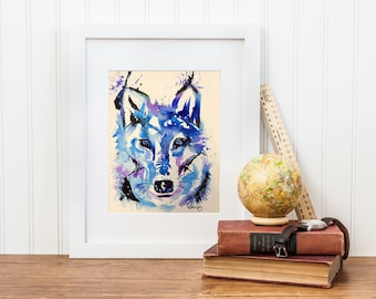 Wolf Print, Wolf Watercolour Print, Arctic Wolf art, Watercolor Wolf, Wolf Poster, Wolf gift, Wolf Lover, Arctic wolf print, Blue wolf art