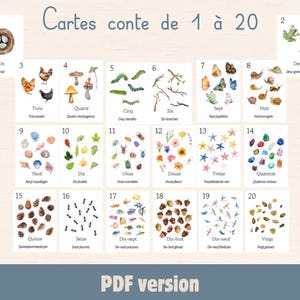 May include: Educational flashcards with watercolor illustrations of natural elements, numbered 1-20 in French. Each card features a different image, including eggs, frogs, mushrooms, butterflies, and acorns. The text "PDF version" is at the bottom.