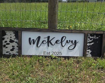 personalized picture. cowhide, last name farmhouse western