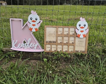 Baby's first year picture frame and matching letter bank