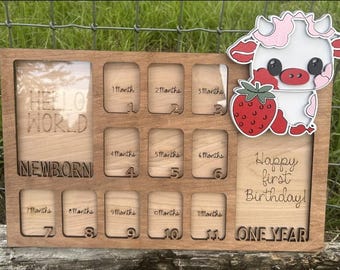 Personalized Baby's First Year Picture Frame. Newborn-1st Birthday - Cow