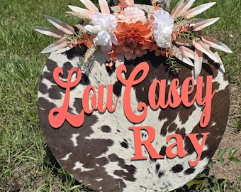 name sign , cowhide , sign , cute , bedroom sign, nursery sign , personalized sign