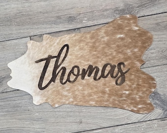 Engraved Cowhide Decor: Custom Name, Brand, or Logo