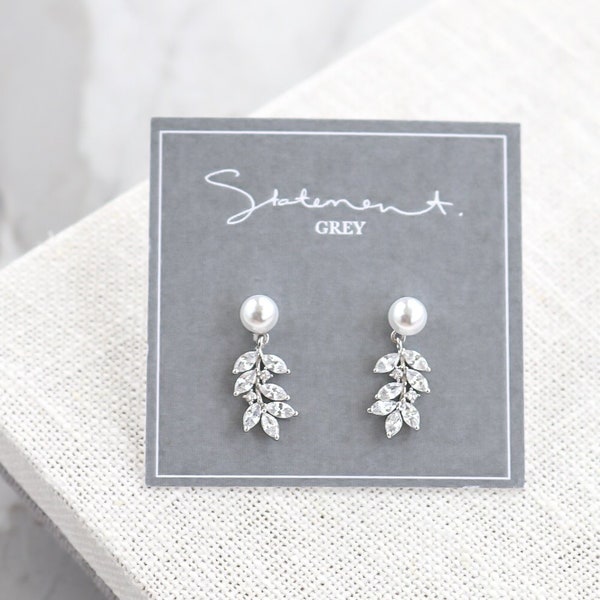 Charmont Earrings, Pearl and Crystal Earring, Marquise Crystal Earrings, Sterling Silver, Dainty, Wedding, Bridal, Bridesmaid Jewelry, leaf