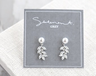 Charmont Earrings, Pearl and Crystal Earring, Marquise Crystal Earrings, Sterling Silver, Dainty, Wedding, Bridal, Bridesmaid Jewelry, leaf