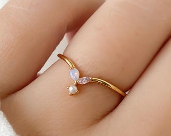 VERITY PINK PETAL Parelring, bloemenring, bloemenring, vriendschapsring, bladring, gelaagdheid ring voor haar cadeau, leuke ring, sierlijke ring