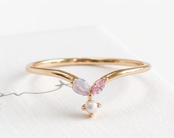 VERITY PINK PETAL Parelring, bloemenring, bloemenring, vriendschapsring, bladring, gelaagdheid ring voor haar cadeau, leuke ring, sierlijke ring