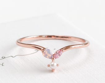 VERITY PINK PETAL Parelring, bloemenring, bloemenring, vriendschapsring, bladring, gelaagdheid ring voor haar cadeau, leuke ring, sierlijke ring