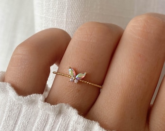 Violet Iridescent Butterfly Ring on Dainty Ultra Thin Beaded Band • Best Friend Gift • Cute Ring • Gift for Girlfriend • Pink Purple Stones