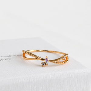 Twinkle Glow Ring • Beaded Band • Iridescent Center CZ • Minimalist Dainty Stacking Ring •  Cute Ring • Thin Gold Ring •  Double Ring