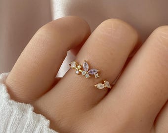 Paarse vlinderring • Takring • Cadeau voor beste vriend • Sierlijke ring • Leuke ring • Verstelbare ringen • Cadeau voor vriendin • Ring met bloemen