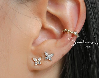 Butterfly Stud Earrings, Sold in Pair, Dainty Butterfly Jewelry Set, Marquise & Round CZ Butterfly Shaped, Tiny Minimalist Earring