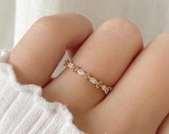 Colourful Baguette Marquise Half Eternity Ring, Rainbow Stones Baguette CZ Marquise Crystal Ring, Stackable Ring, Statement Ring, Gold Ring