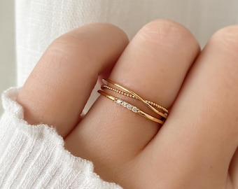 PHEOBE LINE RING, Triple Crystal Ring, Stacking Ring, Double Band, Pave Ring, Free Size Ring, For Her, Gift for Her, Cross Ring, Knot Ring