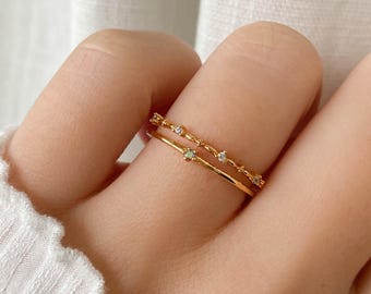 Dubbele Star Dust-ring • Celestial Irisescent CZ • Leuke stapelring • Ring met open achterkant en kralenband • Vriendschapsring